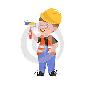 Cute Boy in Vest and Helmet Holding Paint Roller Vector Illustration photo