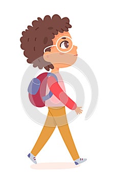 Cute boy walking with backpack to school, little funny schoolboy character in glasses