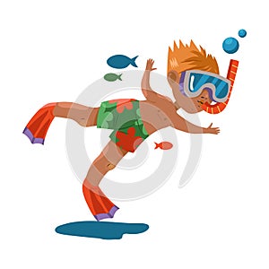 Cute Boy in Watersport Goggles Swimming Underwater Vector Illustration