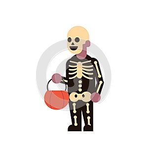 Cute boy wear skeleton scarecrow costume happy halloween concept party celebration isolated flat cartoon character