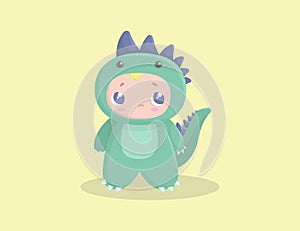 Cute boy wearing dinosaur costume.