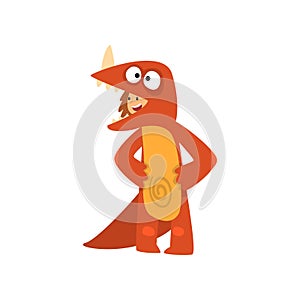 Cute Boy Wearing Funny Dragon Costume, Kid Dressed for Carnival or Masquerade Party Vector Illustration