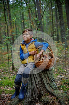 Cute boy with wild mushroom found in the forest