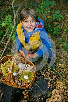 Cute boy with wild mushroom found in the forest