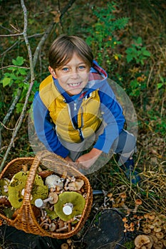 Cute boy with wild mushroom found in the forest