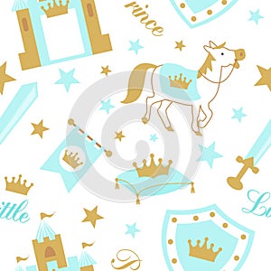 Cute boyish seamless pattern with royal cliparts. Vector blue baby background with crown and star.