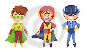 Cute Boys Character in Superhero Costume and Masks Posing Vector Illustrations Set