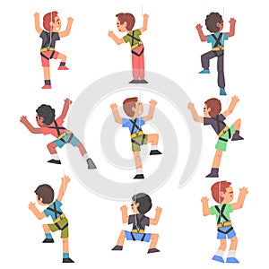 Cute Boys Climbing Wall Set, Kid Climbers Characters Practicing Extreme Sport or Having Fun in Adventure Park Cartoon