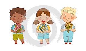 Cute boys and girl holding bouquet of spring or summer flowers set cartoon vector illustration