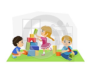 Cute Boys and Girl Sitting on Floor and Playing with Blocks in Playroom, Kids Kindergarten Activities Vector