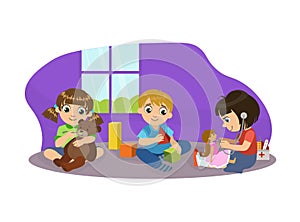 Cute Boys and Girl Sitting on Floor and Playing with Toys in Playroom, Kids Kindergarten Activities Vector Illustration
