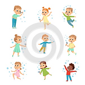 Cute Boys and Girls Blowing Soap Bubbles Set, Adorable Children Having Fun with Soap Bubbles, Kids Leisure, Hobby Game