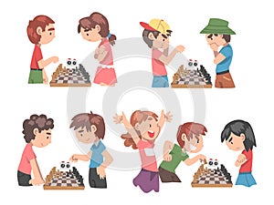 Cute Boys and Girls Playing Chess Game Set, Kids Chess Club, Tournament, Leisure Activity, Logic Game for Brain