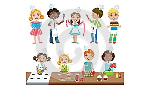 Cute Boys and Girls in Uniform Cooking in Kitchen Set, Kids Cooking Class Vector Illustration