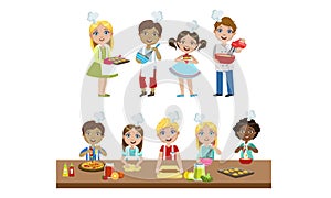 Cute Boys and Girls in Uniform Cooking in Kitchen Set, Kids Cooking Various Dishes Using Utensils Vector Illustration