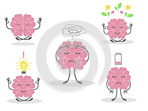 Cute brain character set in stress, depressed, idea, relax.