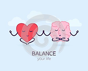 Cute brain and heart meditation. Logic and feel, cartoon characters.