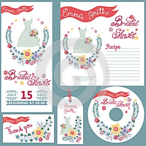 Cute bridal shower design template cards set with dress