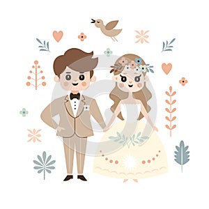 Cute the bride and groom, wedding card, vector illustration