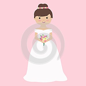 Cute Bride Wearing White Wedding Gown Vector