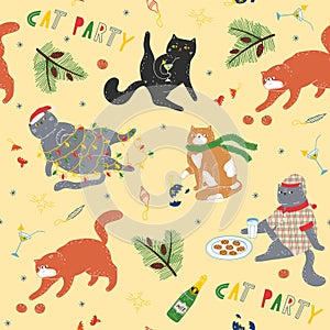 Cute bright Christmas pattern with cute funny cats at the cat party. Cute bright Christmas pattern with cute funny cats