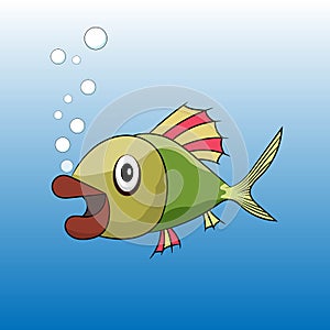 Cute bright colorful cartoon tropical fish vector illustration with bubbles of air