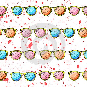 Cute, bright and colorful hand drawn watercolor summer beach sunglasses seamless pattern vector