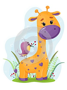 Cute and bright giraffe with a bird. Vector illustration in cartoon flat style. Children`s illustration on a white background.