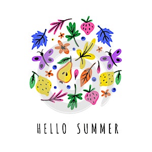 Cute bright summer holidays flat hand drawn color illustration