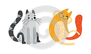 Cute Bright Whiskered Cat as Furry Domestic Pet Vector Set