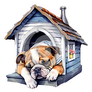 Cute British Bulldog Puppy In Dog House Watercolor Clipart Illustration AI Generative