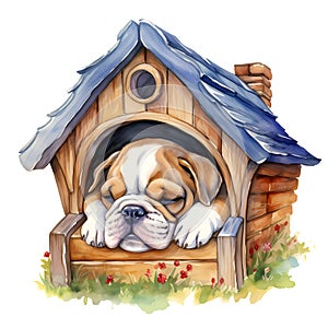 Cute British Bulldog Puppy In Dog House Watercolor Clipart Illustration AI Generative