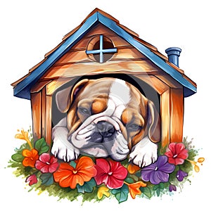 Cute British Bulldog Puppy In Dog House Watercolor Clipart Illustration AI Generative