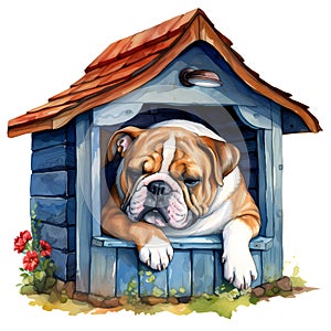 Cute British Bulldog Puppy In Dog House Watercolor Clipart Illustration AI Generative