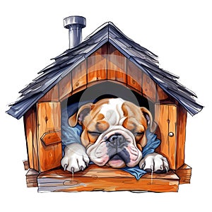 Cute British Bulldog Puppy In Dog House Watercolor Clipart Illustration AI Generative