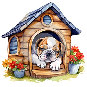 Cute British Bulldog Puppy In Dog House Watercolor Clipart Illustration AI Generative