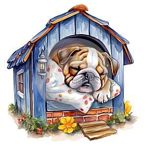 Cute British Bulldog Puppy In Dog House Watercolor Clipart Illustration AI Generative