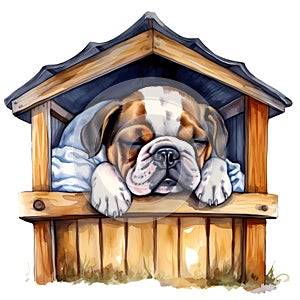 Cute British Bulldog Puppy In Dog House Watercolor Clipart Illustration AI Generative