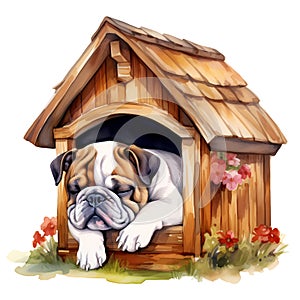 Cute British Bulldog Puppy In Dog House Watercolor Clipart Illustration AI Generative