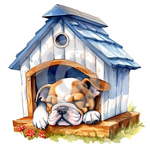 Cute British Bulldog Puppy In Dog House Watercolor Clipart Illustration AI Generative