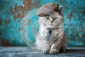 Cute British gray kitten wearing a hat and tie on a blank background with copy space.