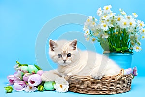 Cute british kitten with Easter eggs and flowers on blue background