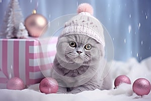 Cute british shorthair cat in knitted hat and scarf with Christmas gift boxes on holiday background