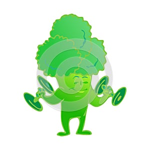 Cute broccoli cartoon character posing and demonstrating its muscles. Healthy food.