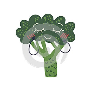 Cute Broccoli with Smiling Face, Adorable Funny Vegetable Cartoon Character Vector Illustration