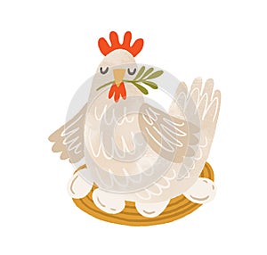 Cute brood hen on nest with eggs. Domestic bird during laying and brooding. Colorful flat textured vector illustration