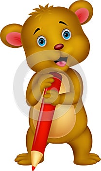 Cute brown bear cartoon holding red pencil