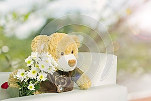 Cute brown bear doll with white flower bouquet in romantic green