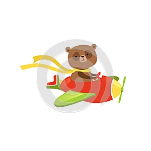 Cute brown bear flying on red plane. Funny aircraft pilot with scarf on neck. Flat vector design for children t-shirt