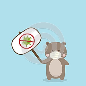 Cute Brown Bear wearing medical mask on sky blue background. Coronavirus COVID-19 Vector Illustration.  Kawaii Teddy Bear